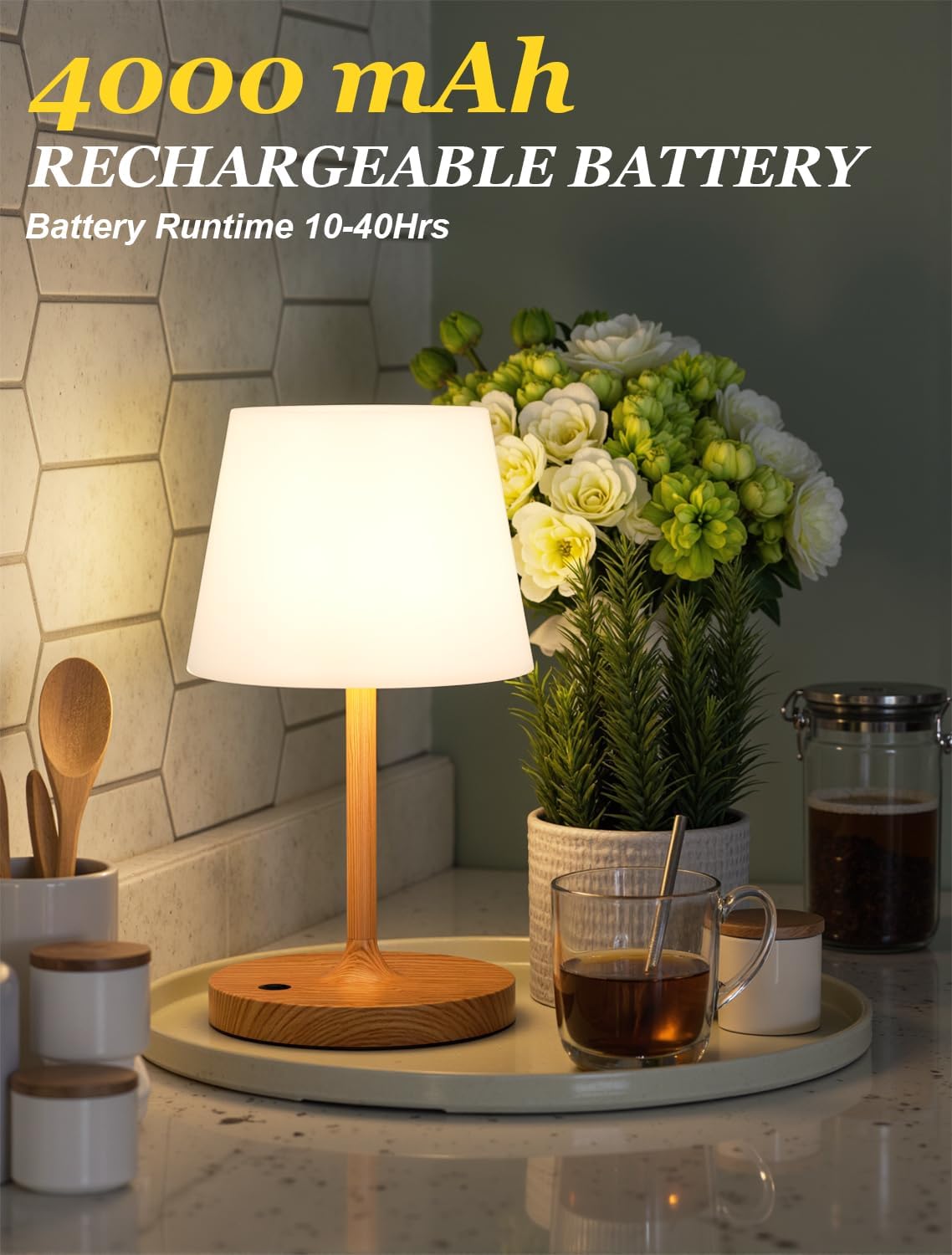 Kakanuo Cordless Shower Lamp Waterproof, Cordless Lamp with 4000mAh Battery, Rechargeable Table Lamp, Touch Dimmable Desk Light for Outdoor, Kitchen, Bathroom, Camping, Patio, IP54 - Image 3