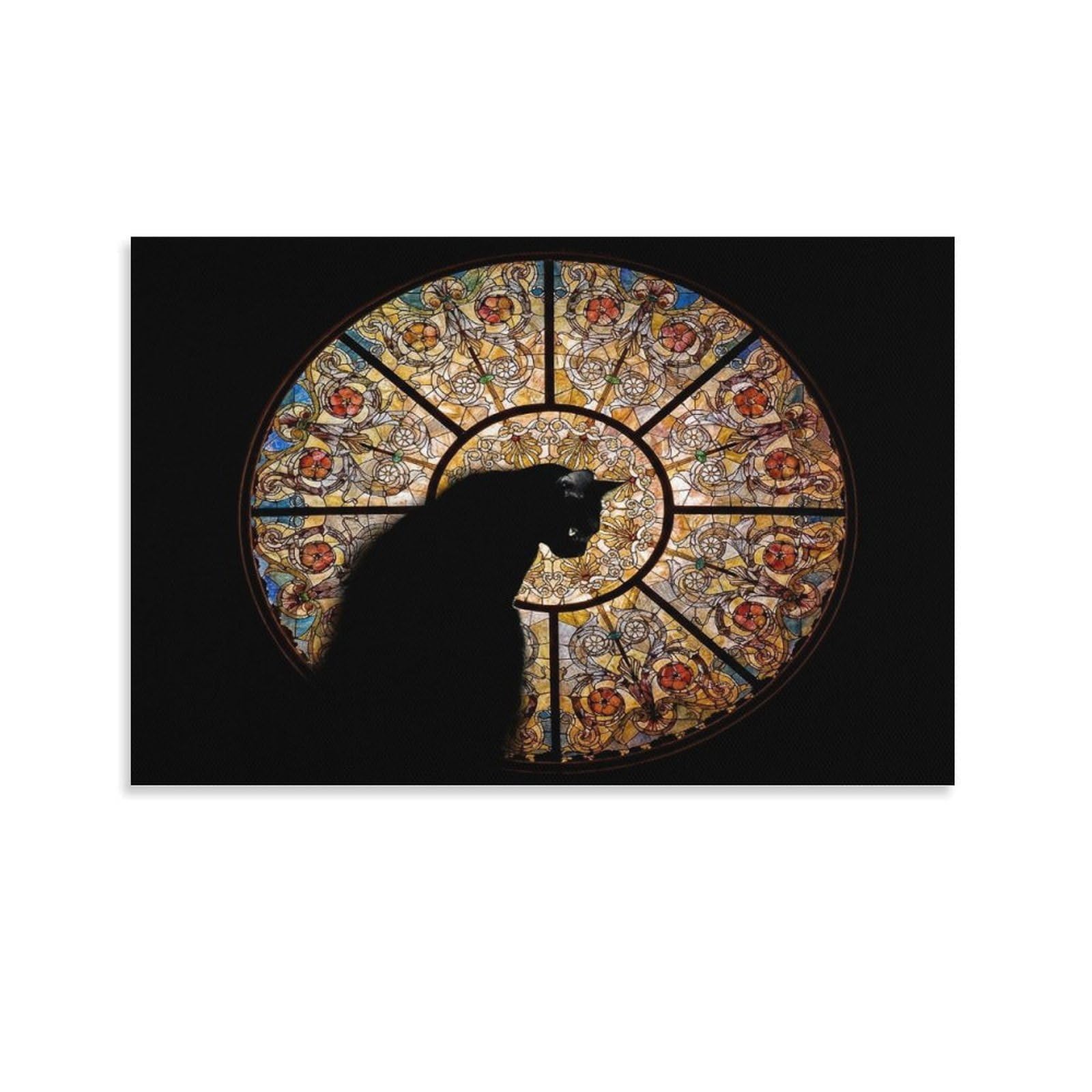 CPLVKWRQJ Stained Glass Cat Silhouette Individual Black Cat Silhouette before Stained Glass Canvas Wall Hanging - Office Wall Focal Art Fade Resistant Statement Piece Decor 20x30inch(50x75cm)