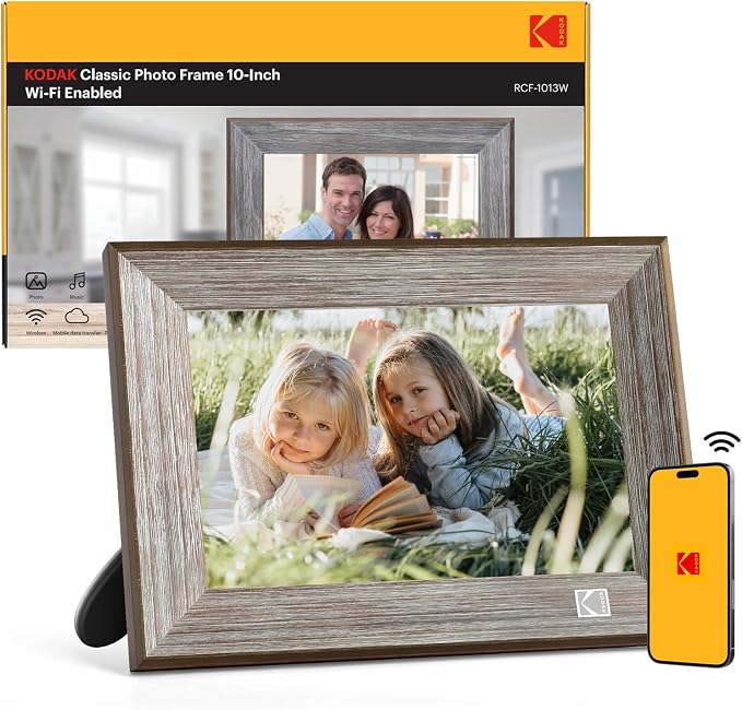 KODAK Wooden WiFi Digital Picture Frame, 32G 10.1 Inch Digital Photo Frame 1280x800 HD IPS Touch Screen, Auto-Rotate, Share Photos and Videos via KODAK App, for Friends and Family
