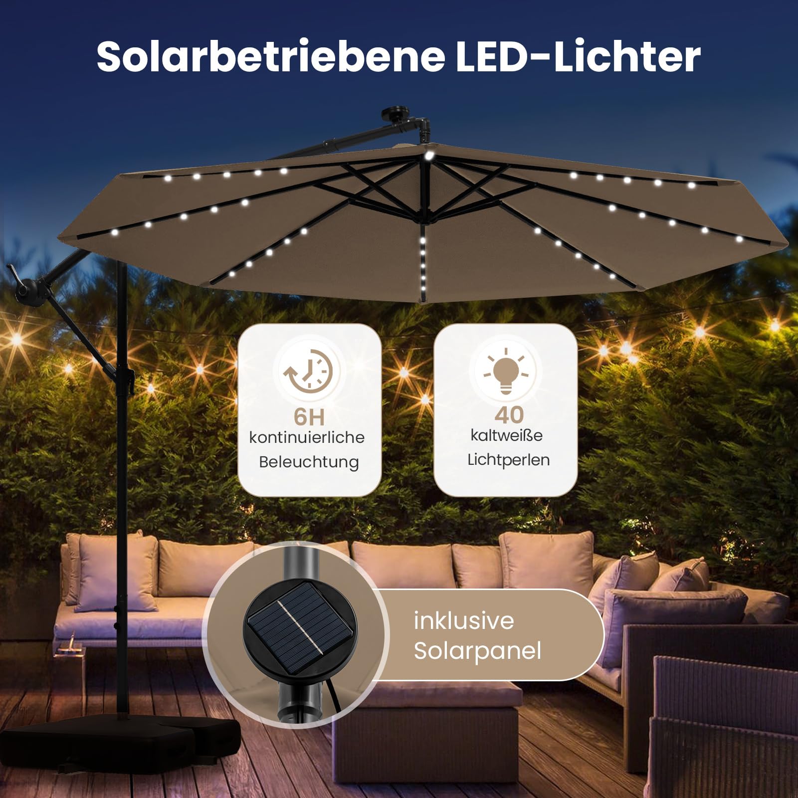 COSTWAY Parasol przeciwsłoneczny 300 cm ze stojakiem i diodami LED, z korbą, parasol ogrodowy, ochrona przed promieniowaniem UV, parasol na taras, do ogrodu, na basen, taras