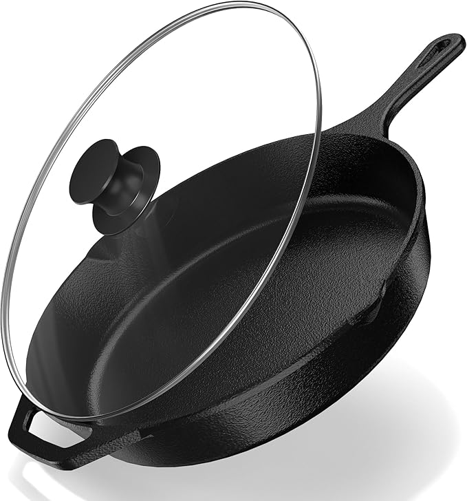 Utopia Kitchen Saute Fry Pan Pre-Seasoned Cast Iron Skillet With Lid, Nonstick Frying Pan, Cast Iron Pan - Safe Grill Cookware for Indoor & Outdoor Use - 12 Inch