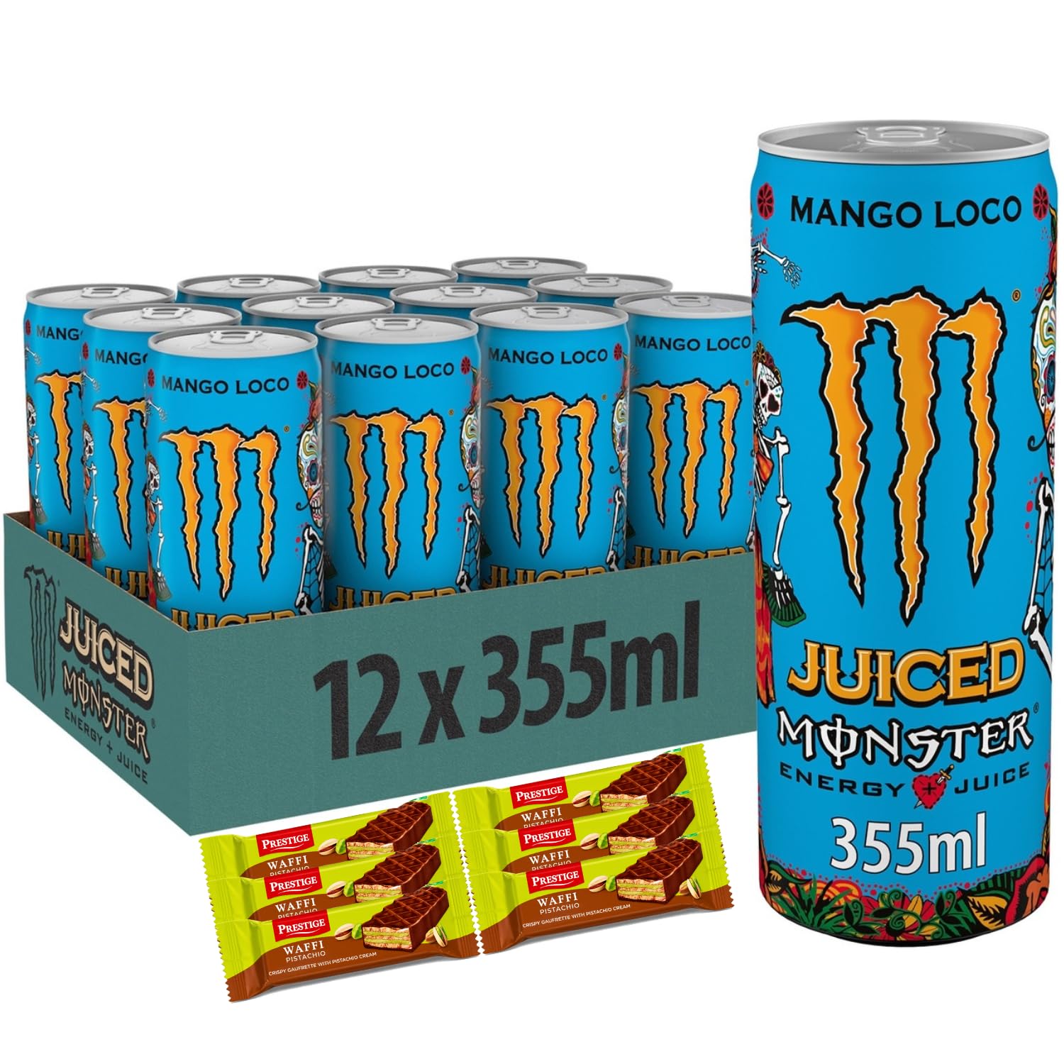 MONSTER ENERGY - Mango Loco Energy Drink (12 x 355ml) By COUGAR | Tropical Mango Flavoured Carbonated Energy Beverage | Refreshing Ready To Drink Cans | FREE 6 Prestige Waffi Pistachio Wafer Bars | Premium Imported Drink Combo – (Imported-VIETNAM)-image-21