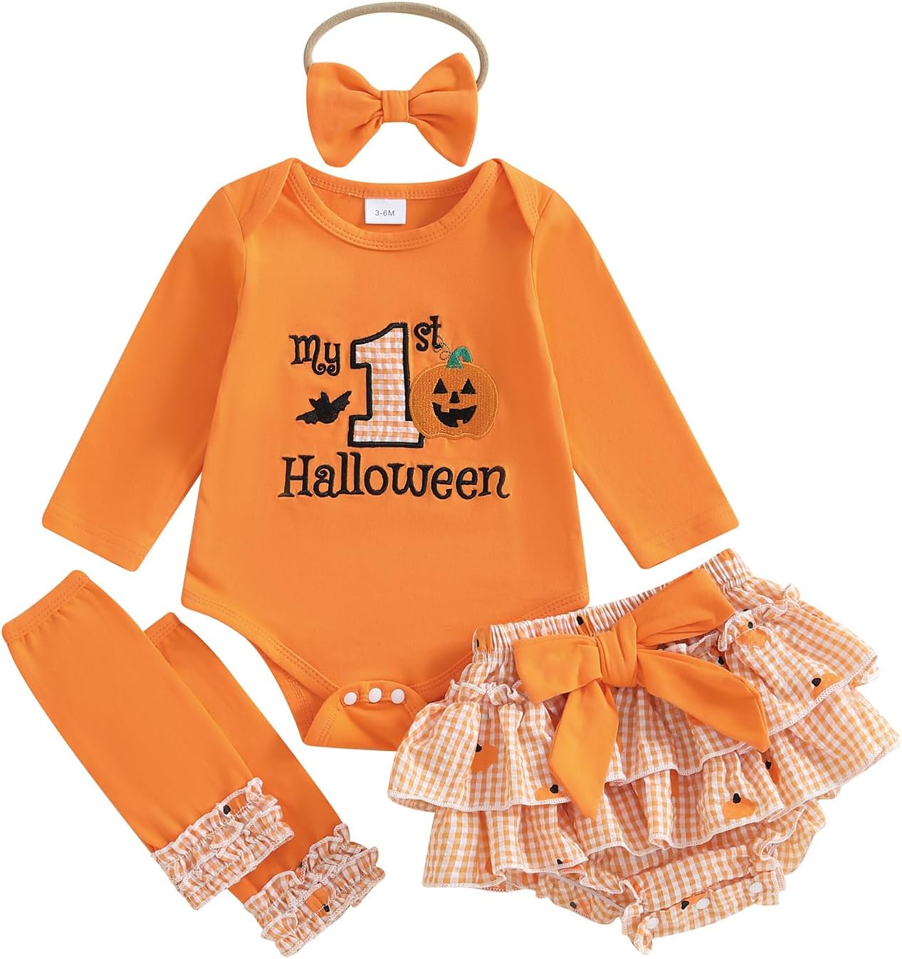 My 1st Halloween Newborn Baby Girl Clothes Pumpkin Letter Embroidery Long Sleeve Romper Shorts Set 4Pcs Fall Oufit