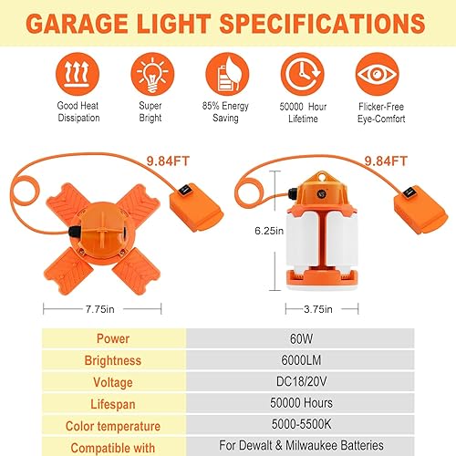 Miniatura 2 de NS Luz de trabajo LED de 60W 6000LM para batería Dewalt y Milwaukee DC 20V18V, luz blanca de 5000K, luz de emergencia, luz de inundación, luz de
