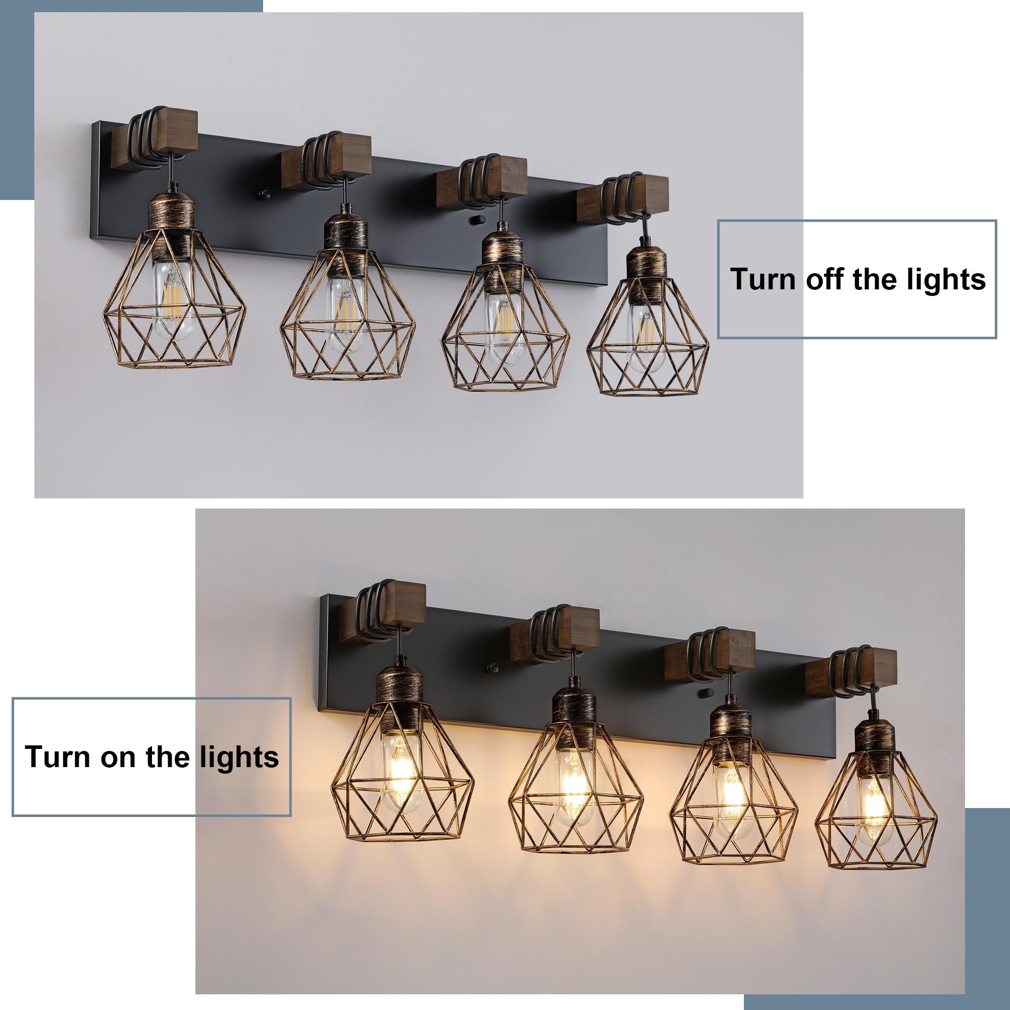 Farmhouse Badezimmer-Beleuchtung, 4 Leuchten für Badezimmer über Spiegel, rustikale schwarz-goldene Holz-Kosmetikleuchten mit Metallschirm für Wohnzimmer
