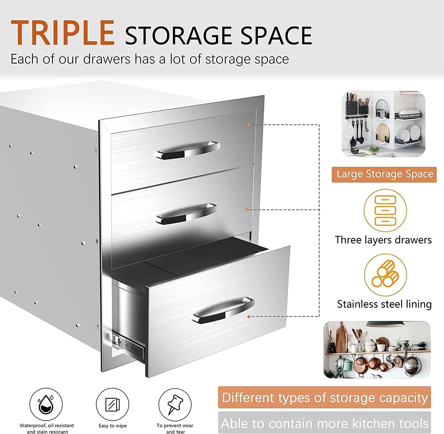 Outdoor Kitchen Drawers Stainless Steel 18W X 21H X 23D Inch, Flush Mount Triple BBQ Island Drawers with Handle for Outdoor Kitchens, Patio or Grill Station