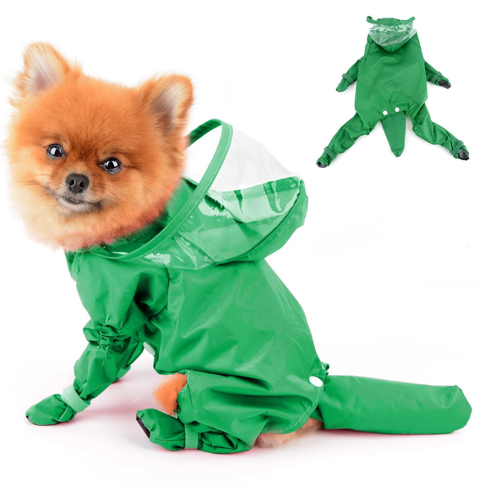 PAIDEFUL Small Dog Full Body Coverage Raincoat Solid Four-leg Onesie Rain Jacket Waterproof Hoodie Puppy Clothes Button Lightweight Kitten Apparel, Green, XXL