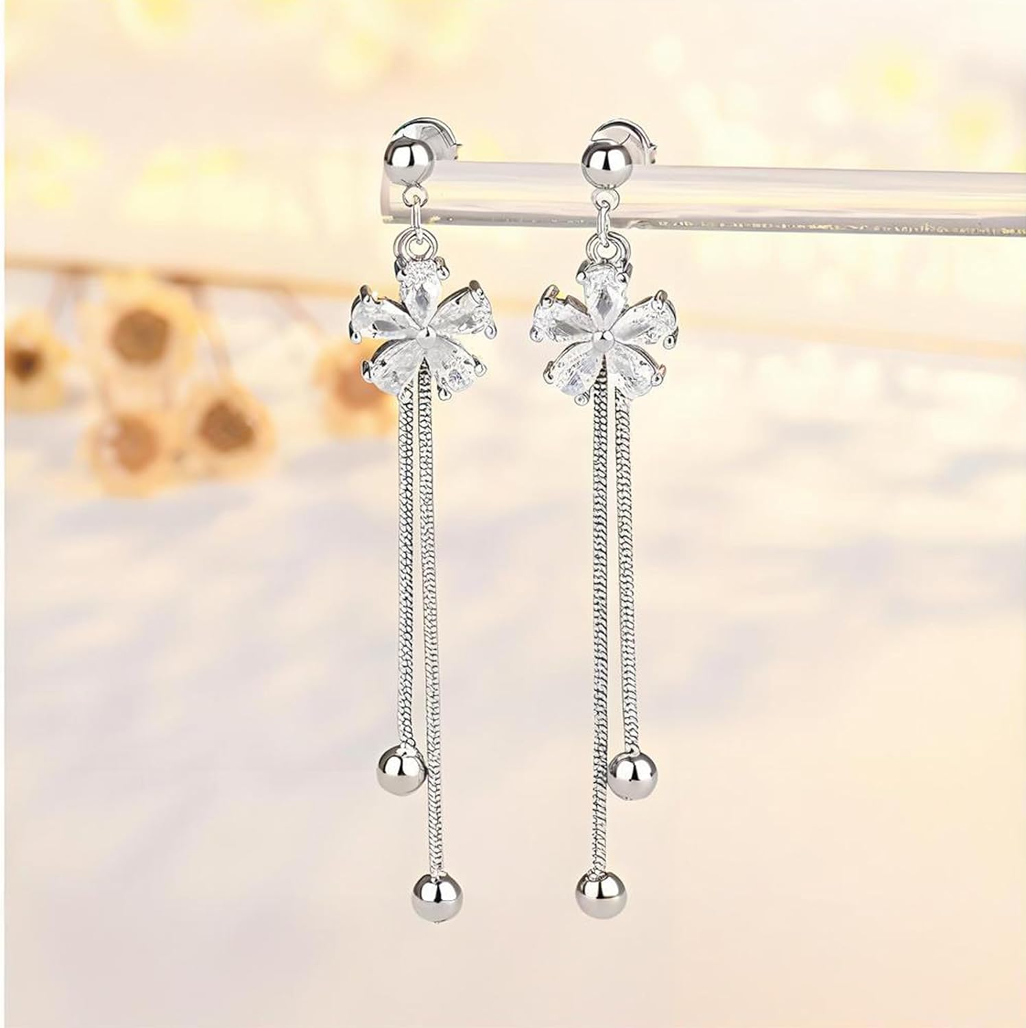 Gold Flower Earrings for Women Trendy Cubic Zirconia Flower Dangle Earrings 925 Sterling Silver Post Long Tassel Earring Jewelry - Image 3