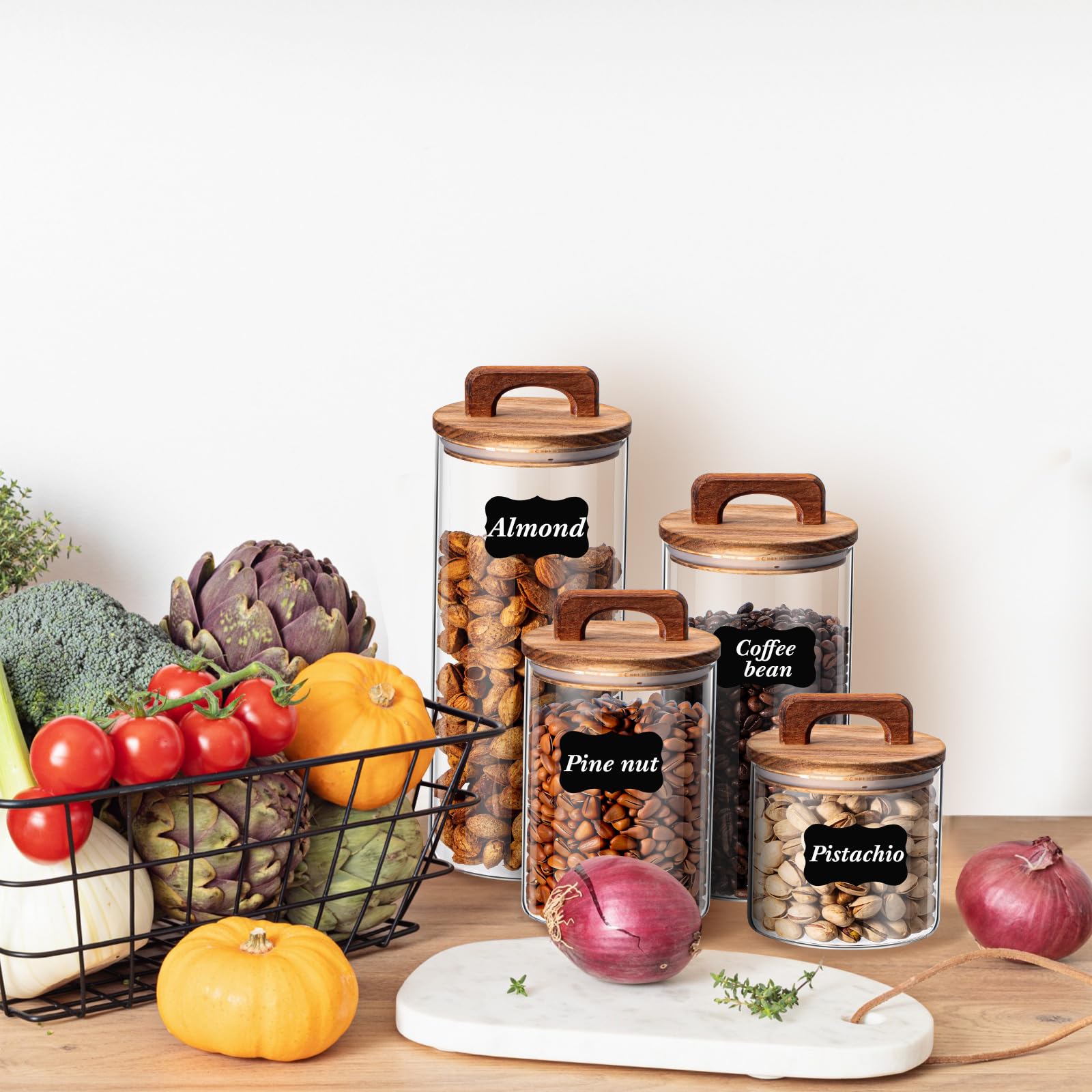 Layhit 4 barattoli da cucina in vetro retrò, sigillati, contenitori per alimenti con manici facili da impugnare, set di contenitori per caffè, tè, zucchero, con adesivi per biscotti, farina di riso, 4