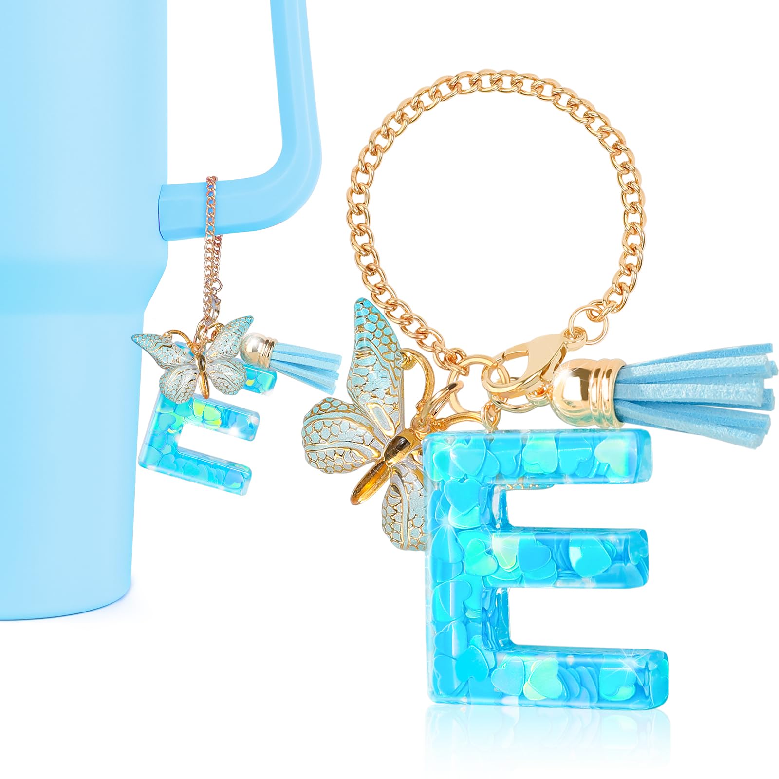 DECZHIYU Initial Charms for Stanley Cup Accessories, Letter E Charms for Stanley Cup with Handle, Blue Charm for Key Purse Handbags Backpacks, Cute