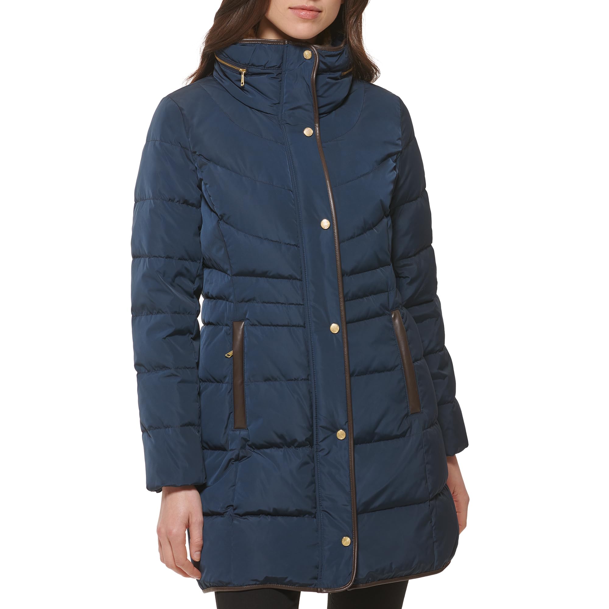 cole haan Women's Taffeta Down Coat with Faux Fur Collar, Navy, Medium-picture-7