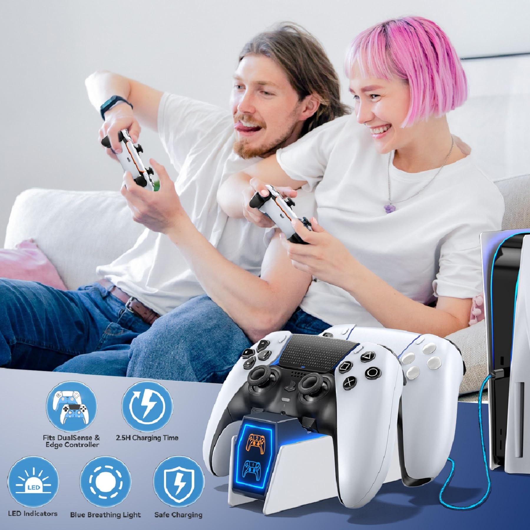 Kytok Chargeur Manette PS5, Station de Chargement Compatible avec Manettes DualSense PS5 & Edge, Charger PS5 avec Indicateur LED et Câble USB-B vers USB-C