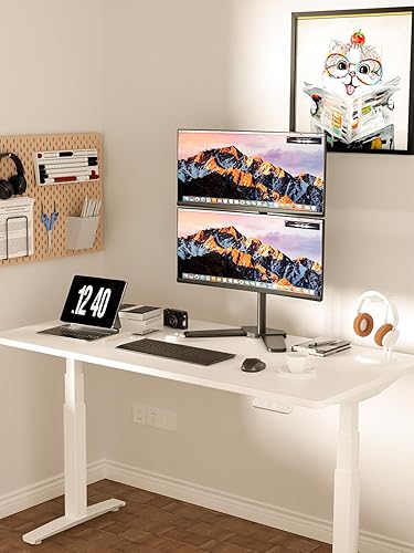 Miniatura 2 de Soporte para monitor doble, brazo de monitor de escritorio de pie para dos pantallas de hasta 32 pulgadas, 22 libras, brazos totalmente ajustables