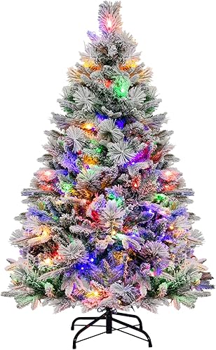 GOFLAME Árbol de Navidad artificial de 4.5 pies con agujas de pino, árbol de Navidad flocado de nieve con 472 puntas de ramas de polietileno y PVC,