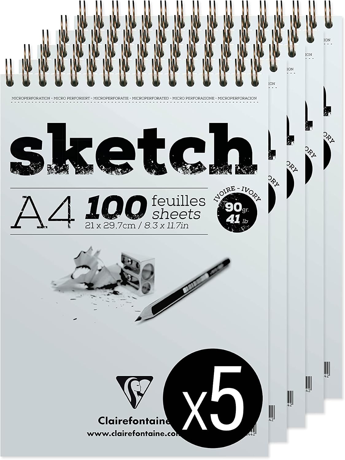 Clairefontaine 96644C, Spiral-bound sketch pad, 100 sheets of very lightly grained ivory drawing paper, Detachable sheets
