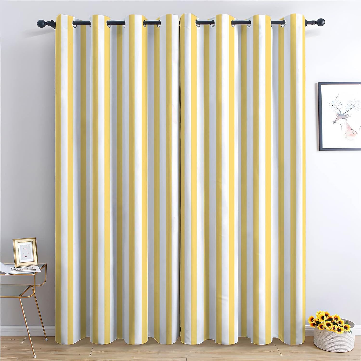 Générique Lot de 2 Rideau Occultant Rayures Jaunes L140 x H180 cm Rideau Thermique Isolant Anti Froid, Rideau Occultant avec Œillets - Rideau Fenetre pour Chambre Salon et Chambre Enfant