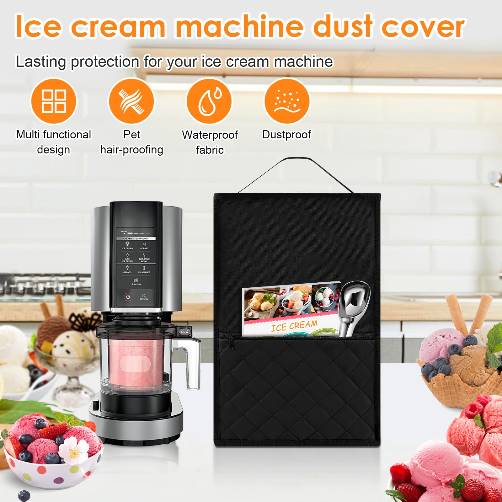Cream Maker Cover with Handle, Ice Machine Cover, Ice Cream Maker Dust Cover, Compact Protective Bag with Many Pockets Sturdy Ice Cream Machine Cover for Protection