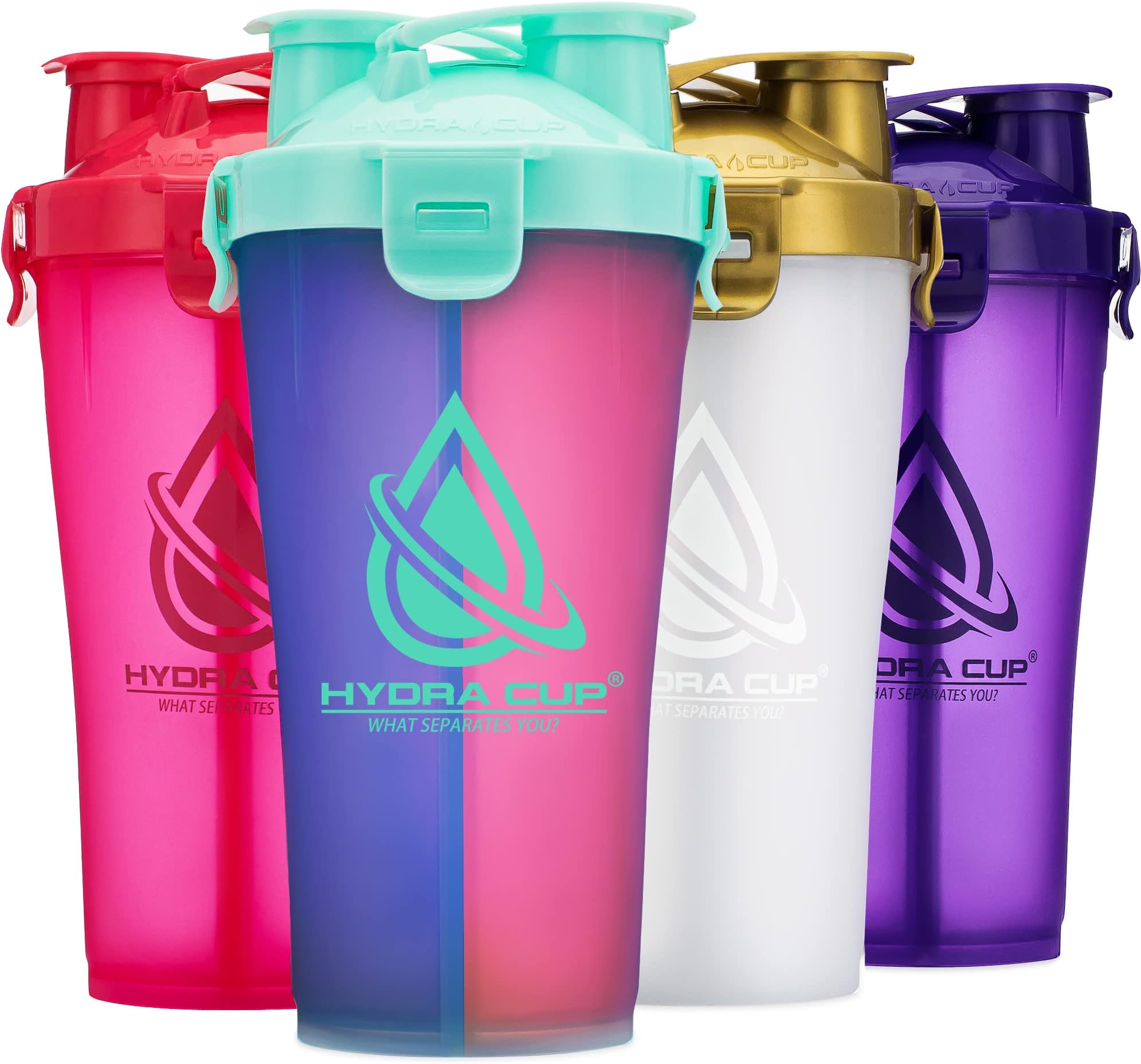 Hydra CupDualShaker [4 Pack] 32 oz Shaker Bottle for Protein Shakes, Shaker Cup w/Handle & Ball Blender Whisks, Dual Mixing Shaker Bottle with Storage, 2 in 1, Travel To Go, BPA Free (Multicolor)