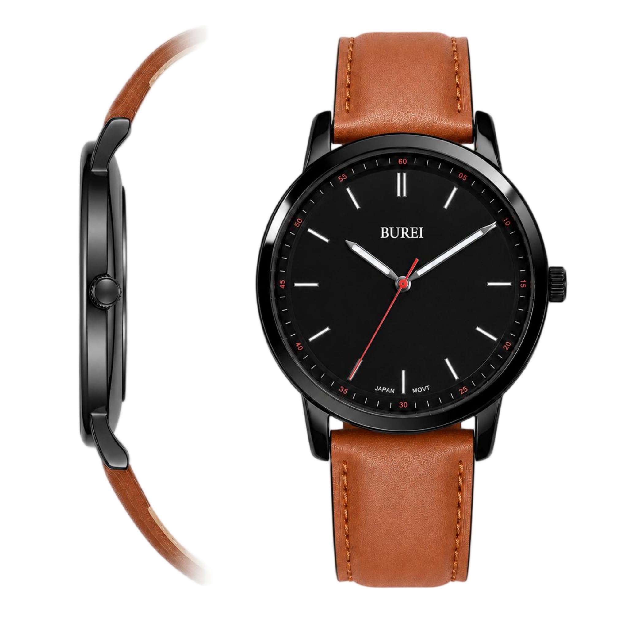 BUREI Orologio da uomo alla moda, minimalista, in pelle, classico, analogico, al quarzo, impermeabile, regalo per uomo