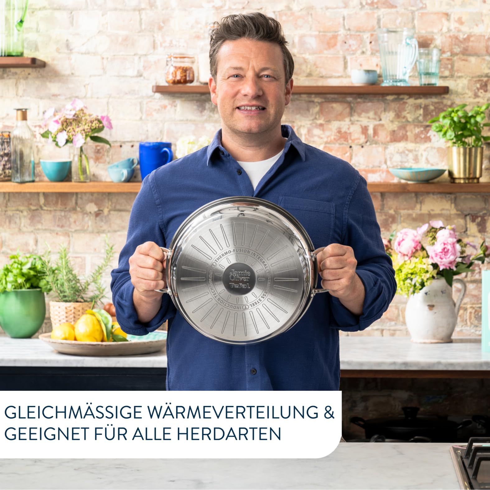 Tefal Jamie Oliver Cook‘s Classic Servierpfanne 30 cm, Schmorpfanne Induktion mit Antihaftversiegelung, Thermo-Signal bei idealer Brattemperatur, für alle Herdarten geeignet, Edelstahl, E30690