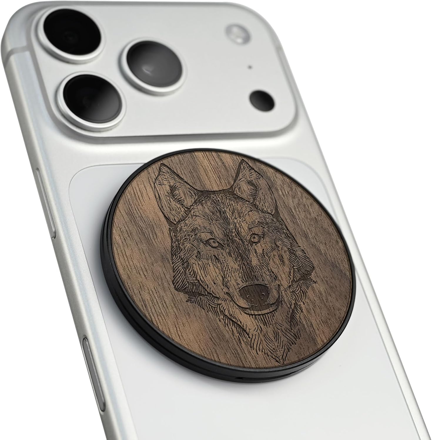 Carveit Wood Magnetic Phone Holder, (Wolf Head - Walnut)