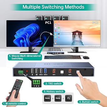 MT-VIKI Seamless 4x2 HDMI Matrix KVM Switch, HDMI+DP KVM Switch for 4 Computers 2 Monitors, 4K@60Hz/2K@144Hz, 3.5mm Audio Ouput, Support Mouse Switching+ Hotkey