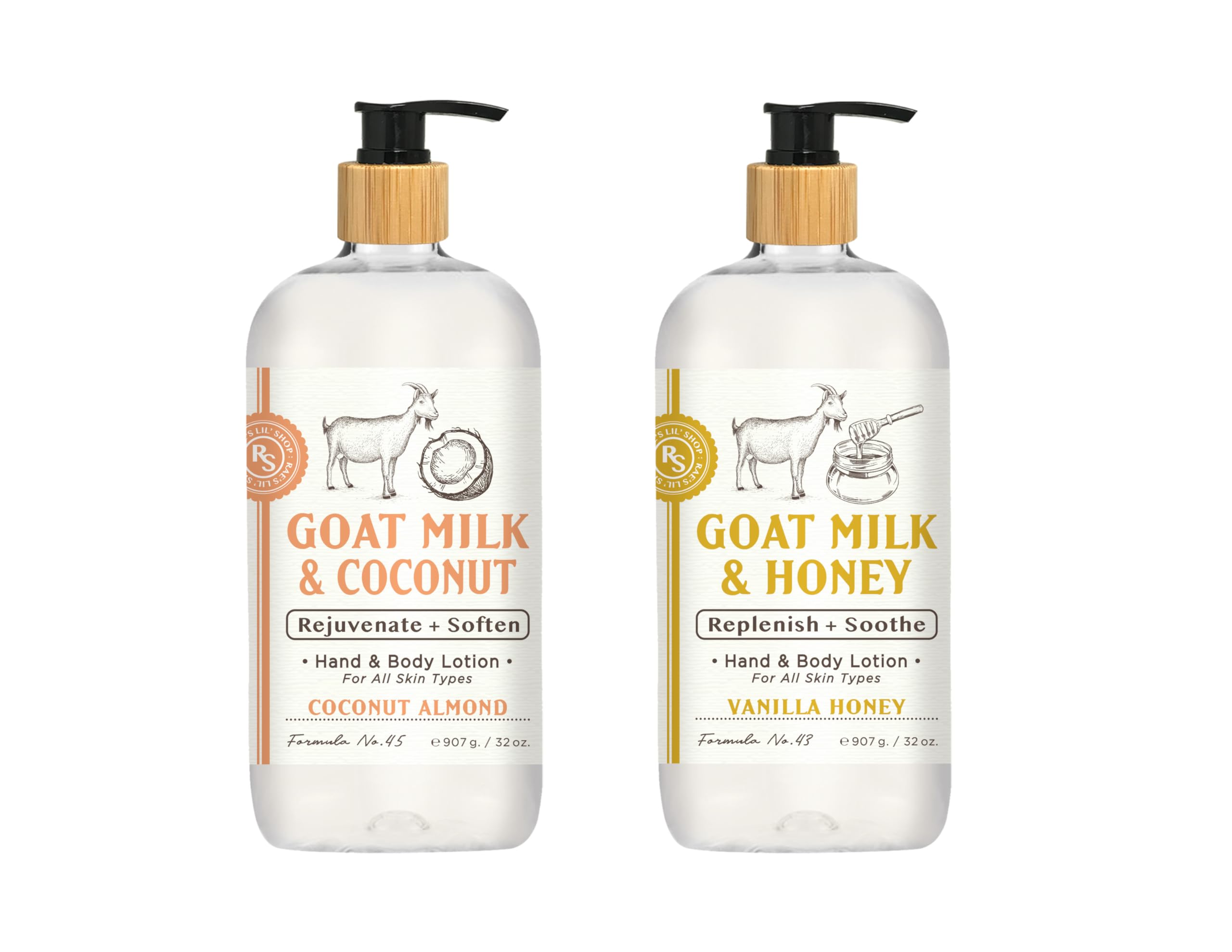 Raes Lil Shop Goats Milk Hand & Body Lotion, Coconut Almond and Vanilla Honey Scents, 32 oz Set of 2 by Home and Body Company