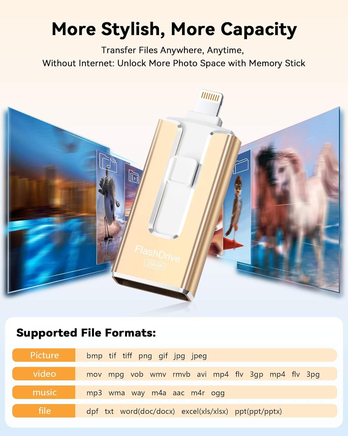 MFi Certified Flash Drive for iPhone 256GB, 3 in 1 Type-C USB Memory Stick Thumb Drive for Photos Videos, High Speed External Memory Storage Photo Stick for iPhone iPad Android PC (Gold) - Image 5