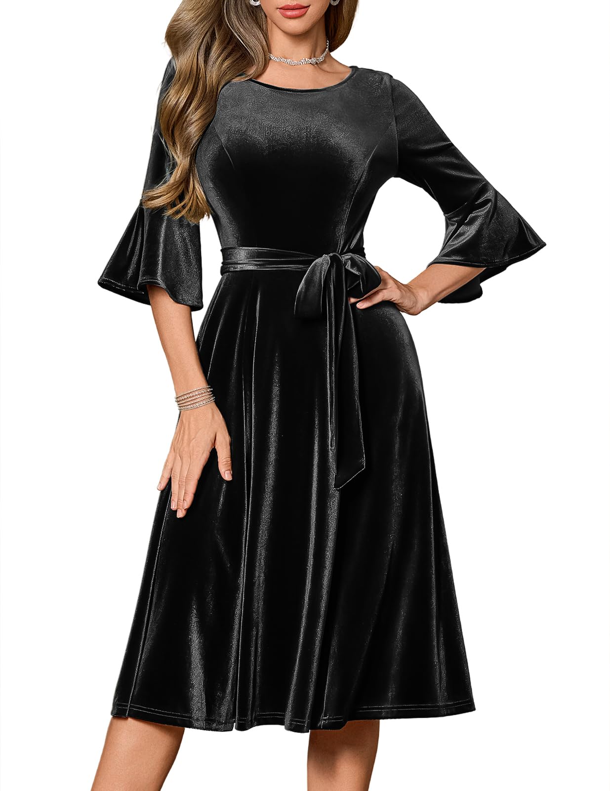HomRain Women's Church Dresses Modest Bell Sleeve Wedding Guest Cocktail Tea Party Vintage Evening Dress