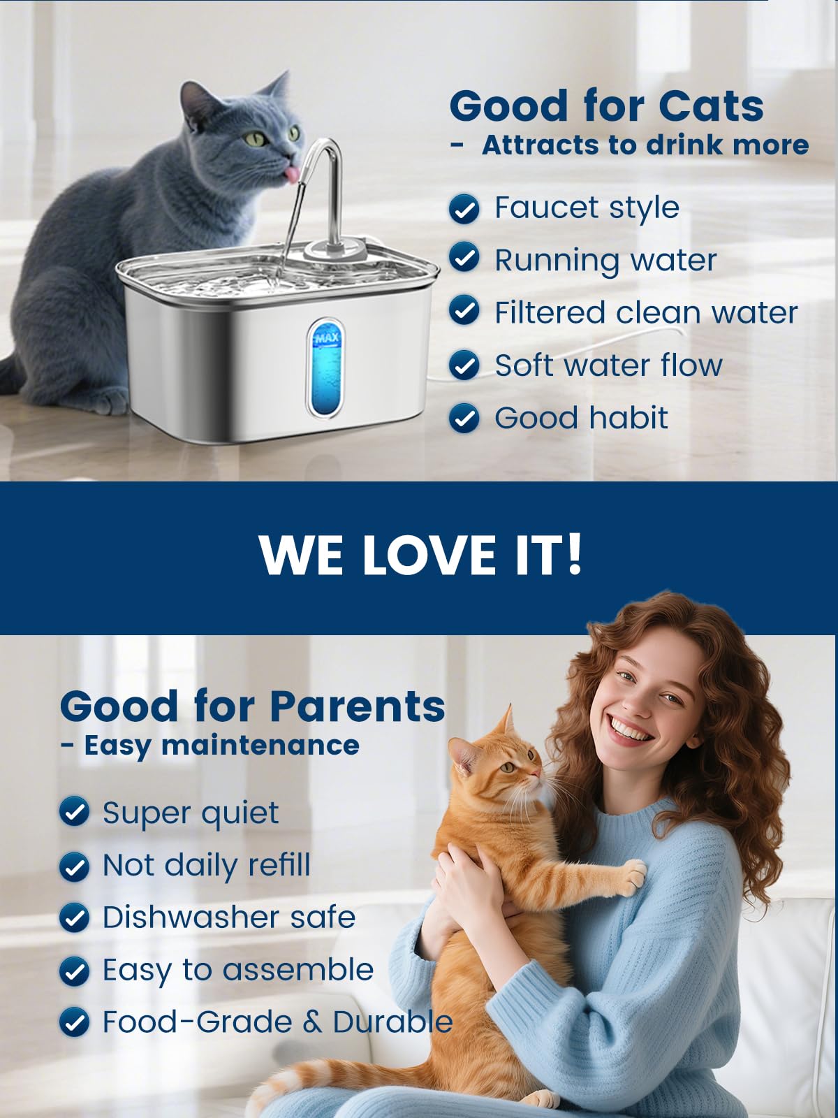 Fuente de agua para gatos de acero inoxidable para gatos de interior, 2.5 L, 2,409.7 g por SUS304 sin BPA, eficaz filtro de 6 capas fuente de agua para gatos para beber 20 dB Fuente de agua de metal