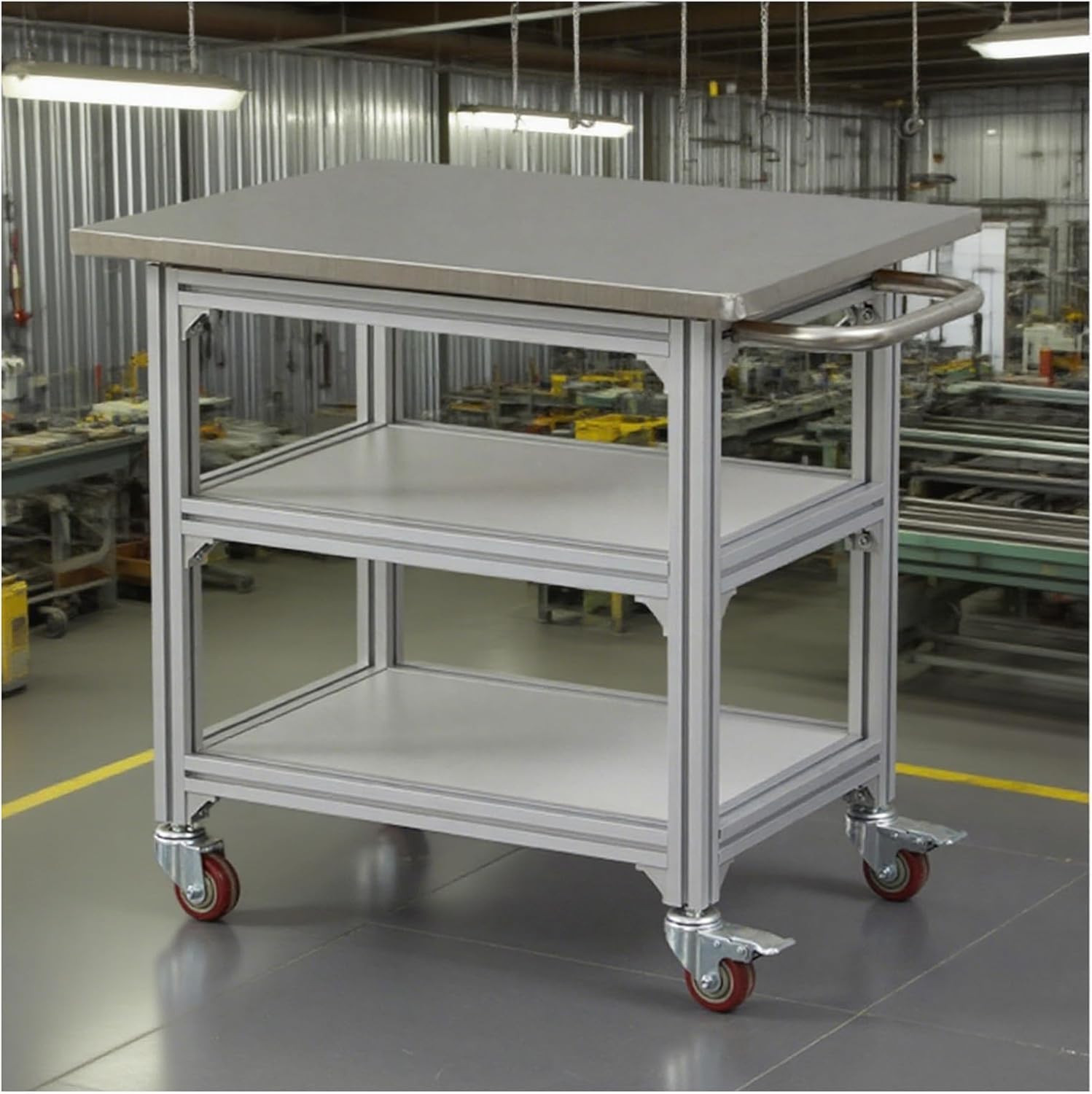 Work Table with Brake Swivel Casters Aluminum Alloy Frames and Stainless Steel Panel Preparation Tables 3-Layer Wide Storage Shelf Multiple