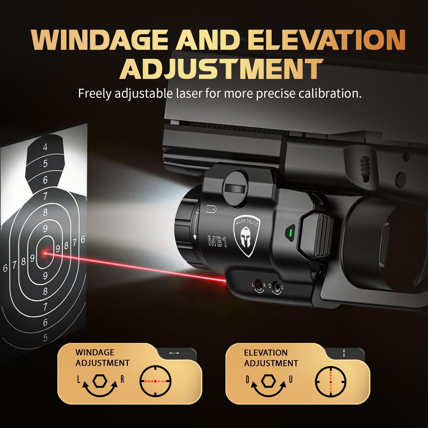 WARRIORLAND MB1 Pistol Light and Holster Combo, Fit for Glock 20/21/22/23 Gen 3-5 & Glock 34 Gen 4, Compact 500-Lumen Rail Mounted Tactical Weapon Light with Red Laser & White LED, Power Indicator