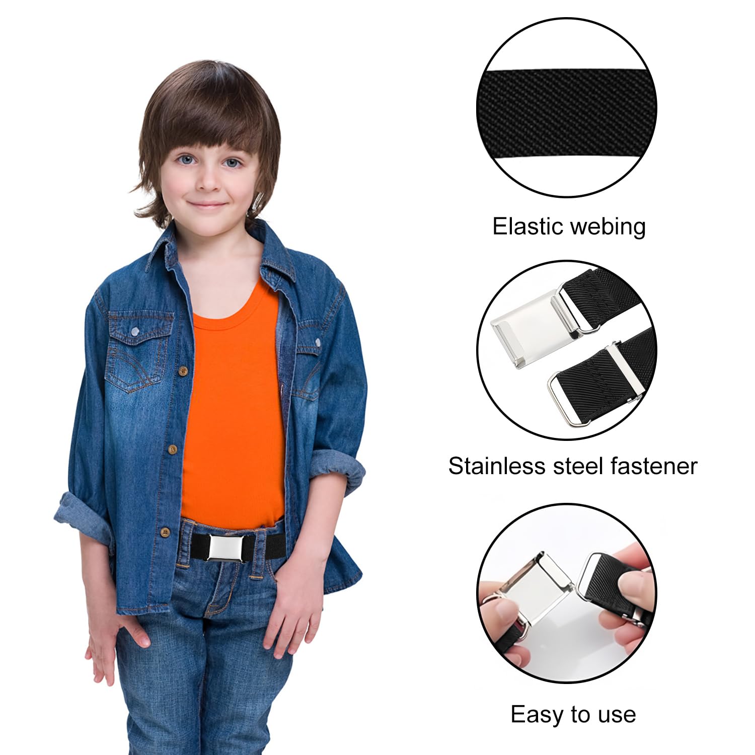 Cinturón Infantil Ajustable (2 Piezas), Cinturón elástico para niños y niñas, Con hebilla magnética simple, Para niños y niñas, pantalones cortos y pantalone, Negro + Gris