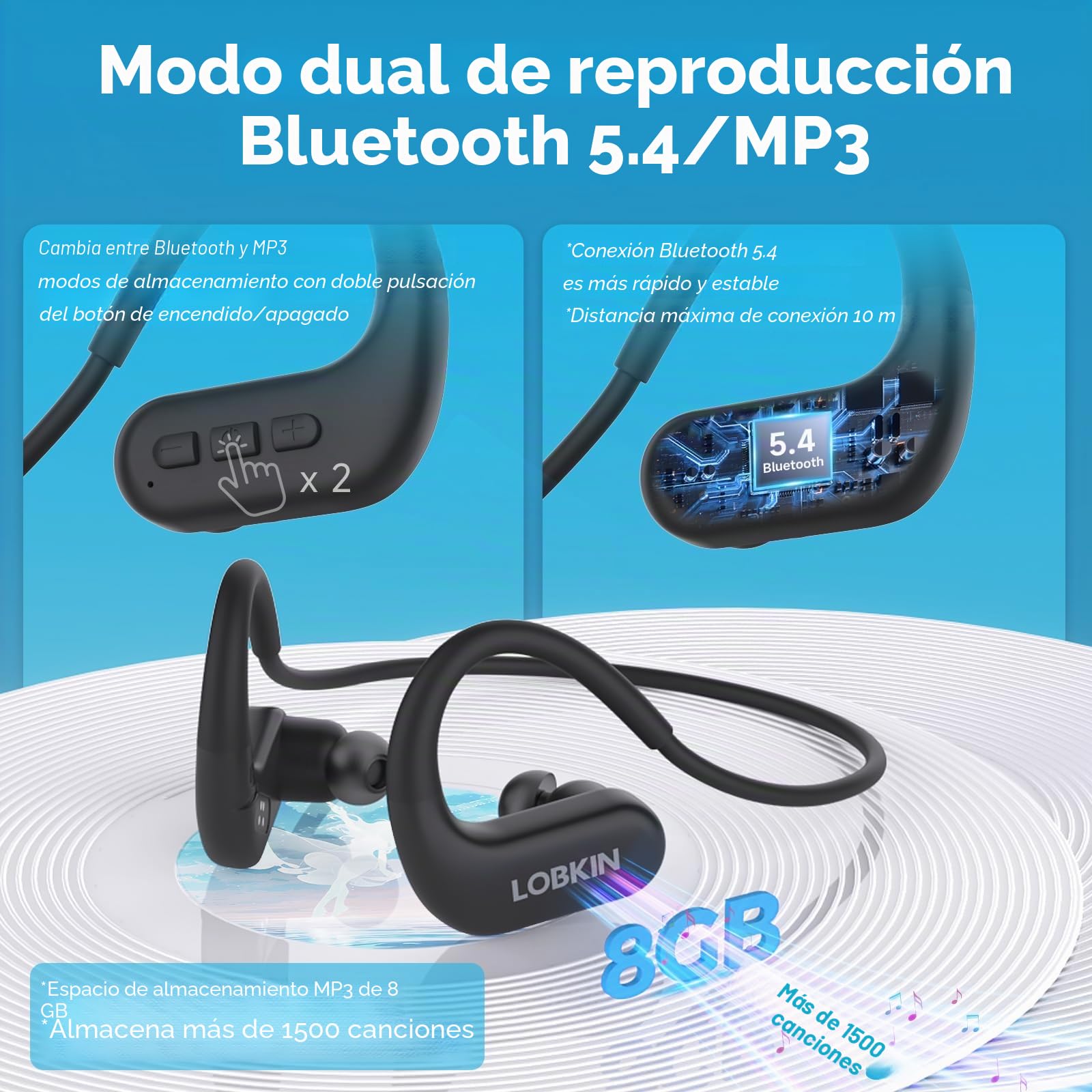 LOBKIN Auriculares Conducción Osea Natacion, IPX8 Resistente al Agua Acuaticos Inalámbricos Bluetooth 5.4, Auriculares Intraurales con 8G Mp3 para Nadar Correr Ciclismo