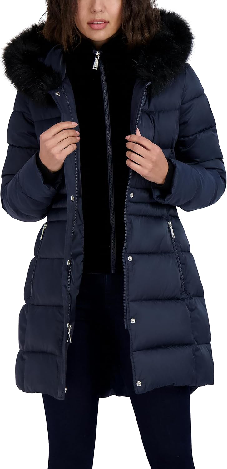 TAHARI Women's Fitted Quilted Puffer Coat With Attached Hood, Faux Fur Trim & Hand Warmer Pockets - Image 2
