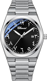 MASTOP Arabic Dial Men's Quartz Watch Silver Stainless Steel Luminous Waterproof Business Casual Wristwatch with Date Display