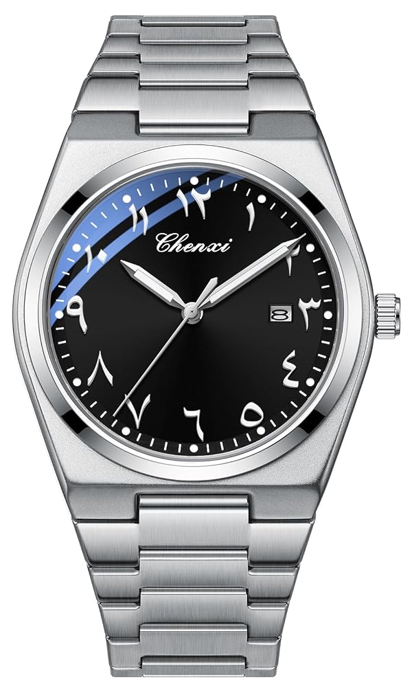 MASTOP Arabic Dial Men's Quartz Watch Silver Stainless Steel Luminous Waterproof Business Casual Wristwatch with Date Display (Silver Black) by MASTOP - Used condition - US$20.61