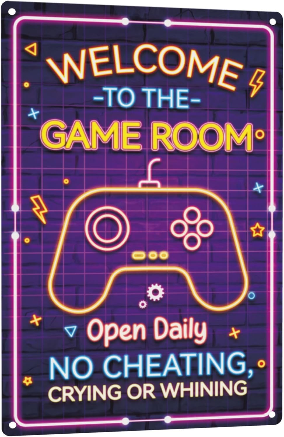 Welcome to the Game Room Metal Sign Video Game Wall Decor for Boys Bedroom Man Cave Neon Style Tin Poster Arcade Gaming Zone Accessories Funny Gamer Gifts No Cheating Crying Whining 8x12 Inche