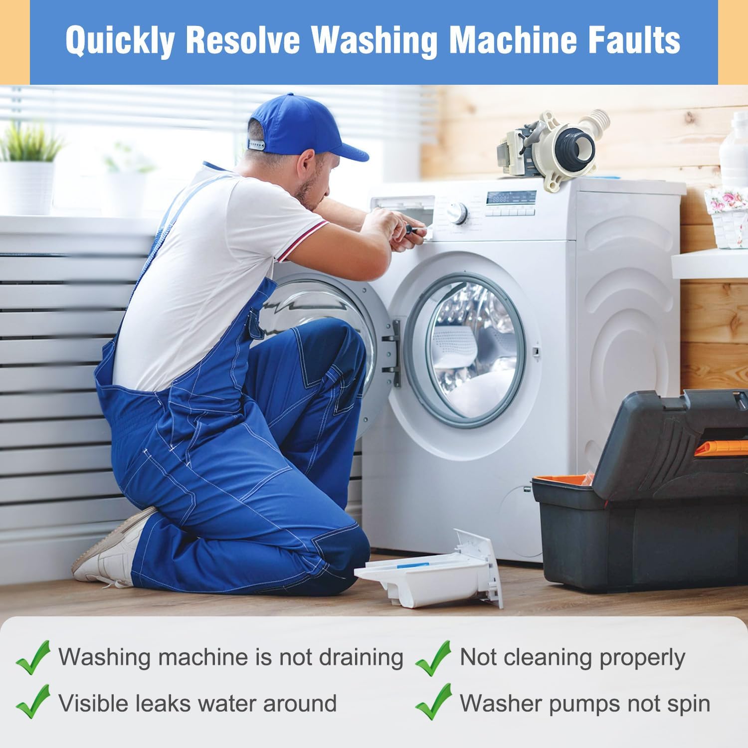 WH23X28418 Washer Drain Pump Assembly Compatible with GE Washing Machine,Washer Replacement Parts WH23X24178 WH23X27574 AP6889136 PS12723115 EAP12723115 290D1201G001 4958182 B40-3A01 B30-3A02