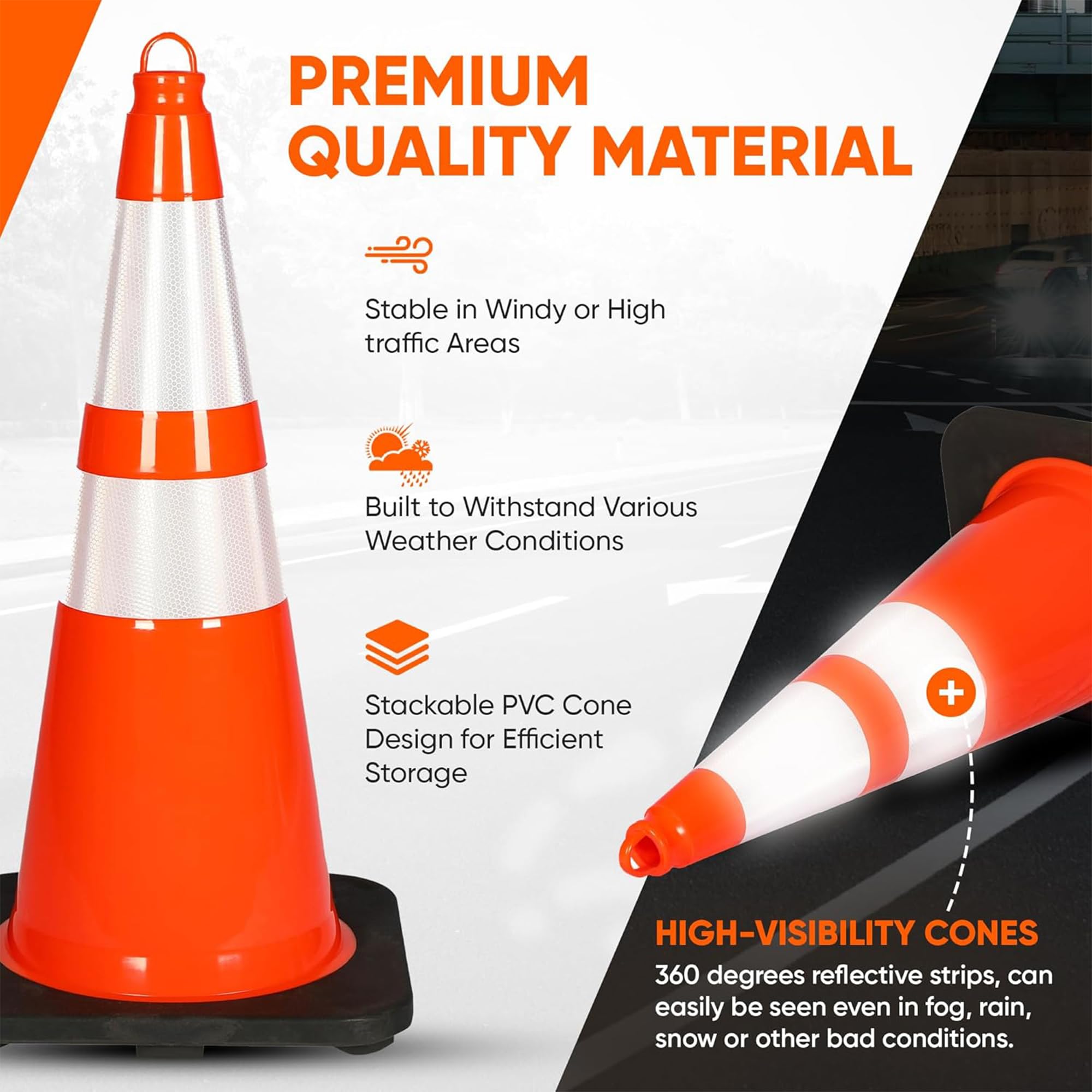 Cono de PVC de 28 pulgadas – 8 piezas de alta visibilidad estructuralmente estable para tráfico, estacionamiento y seguridad en la construcción | Ideal para control, zonas de construcción y seguridad