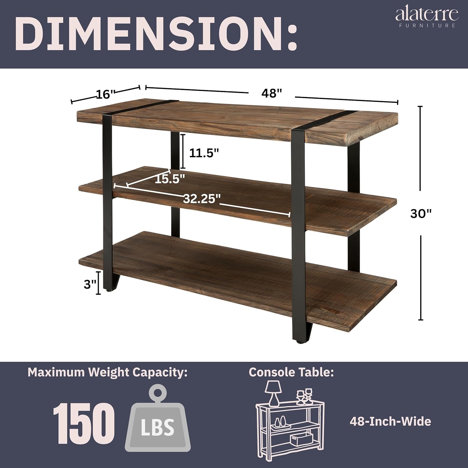 Sonoma 48 in. Metal & Solid Wood Media/Console Table - Slate Gray w/Natural Wood Variations, Rustic Industrial Style for Small & Large Areas - Media Console to Organize Any Room