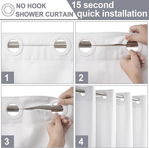 Miniatura 3 de Cortina de ducha sin gancho, estilo moderno de hotel de lujo a rayas cheurón blanco, tela impermeable lavable para baño, instalación rápida en 15