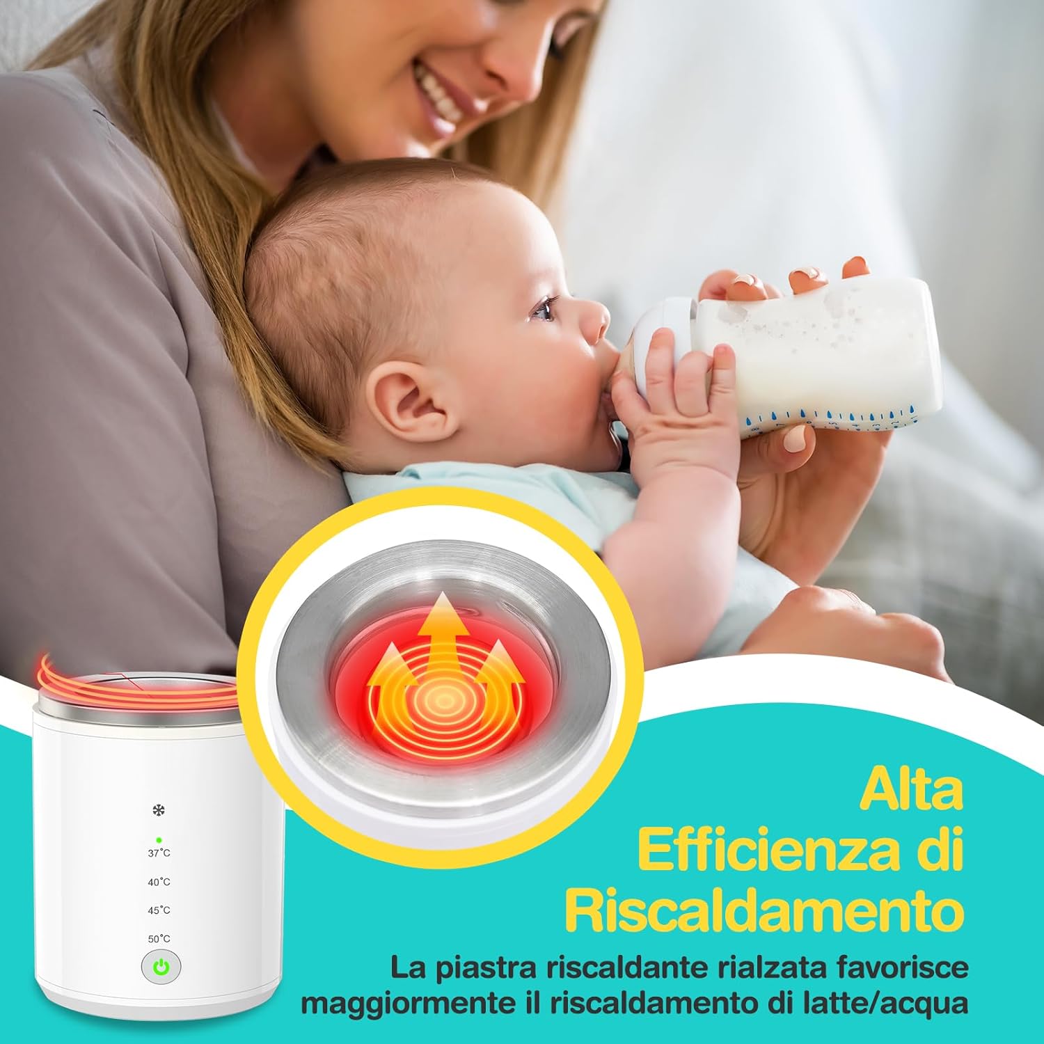 Image showing the raised heating plate inside the bottle warmer, indicating high heating efficiency.