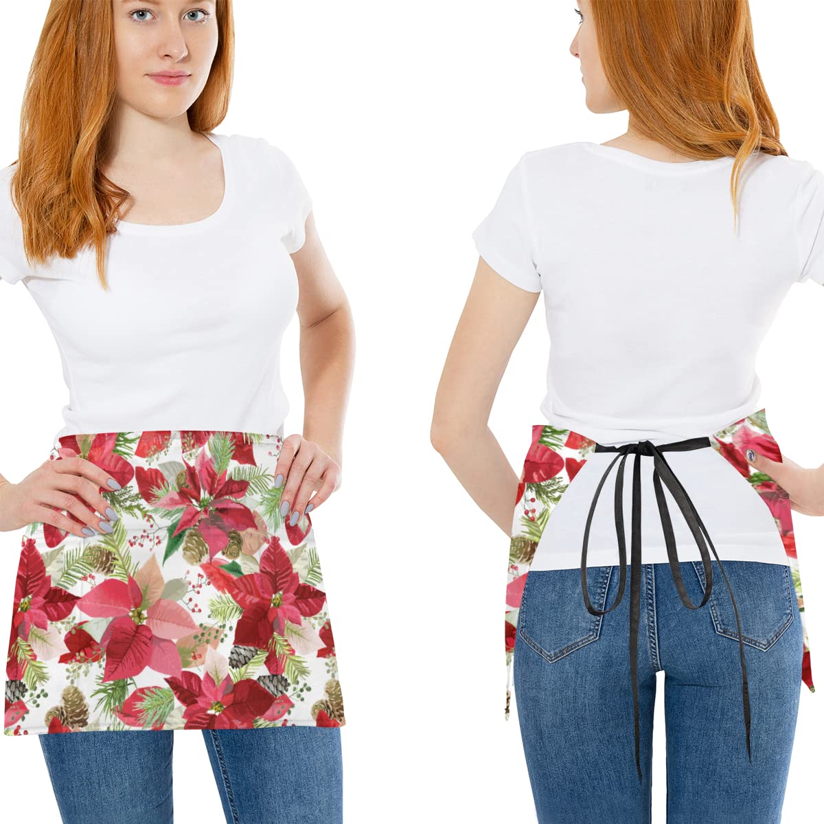 bisibuy 3 Pack Server Aprons with 3 Pockets, Red Floral Blossom Waitress Waiter Wasit Apron for Women Men Restaurant Bistro Cafe Bars Half Aprons Waitress Server Accessories