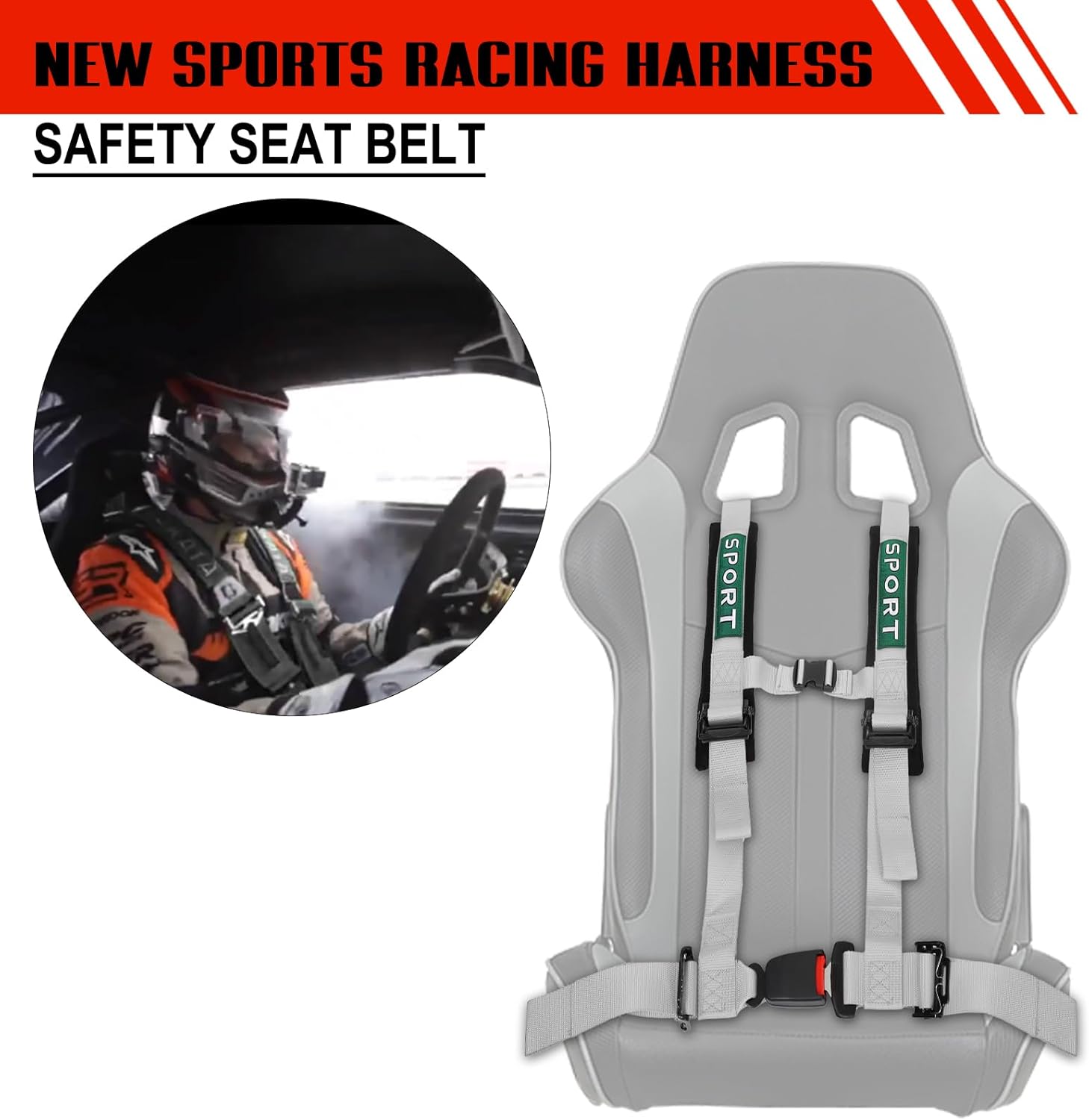 BESTZHEYU 1PC Silver 4 Point Harness SFI with 2 Inch Comfortable Heavy Duty Shoulder Padding with Quick Auto buckle for UTV ATV Sports Car, Racing Car, Car Red Racing Harness