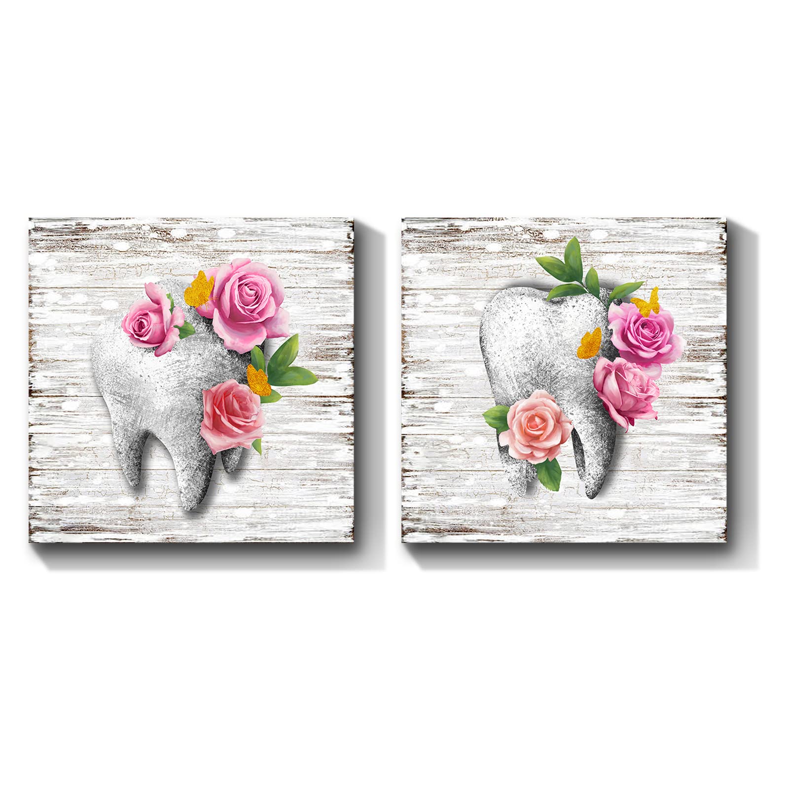 HOMEOART Dental Wall Art Tooth Decor Flower and Butterfly Painting Dentist Office Decor Set of 2 Gallery Wrapped Ready to Hang 12"x12"x2 Panels