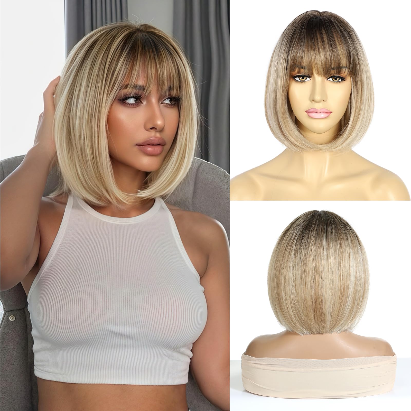 Sapphirewigs Blonde Wigs for Women Mix Blonde Bob Wig with Bangs Dark Roots Short Hair Daily Party Natural Looking 12 inch