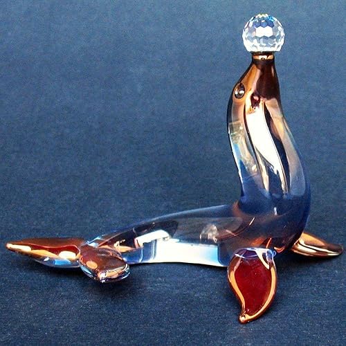 Miniatura 3 de Sea Lion Figurine of Hand Blown Glass with Crystal Ball