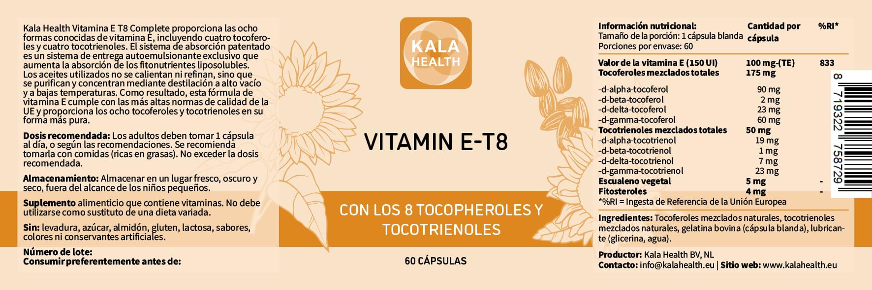 Kala Health Vitamina E con todos los 8 Tocoferoles y Tocotrienoles - No contiene IPA, Metales Pesados, Contaminantes ni Conservantes - Certificado como Sostenible - Para Cabello, Cicatrices y Piel