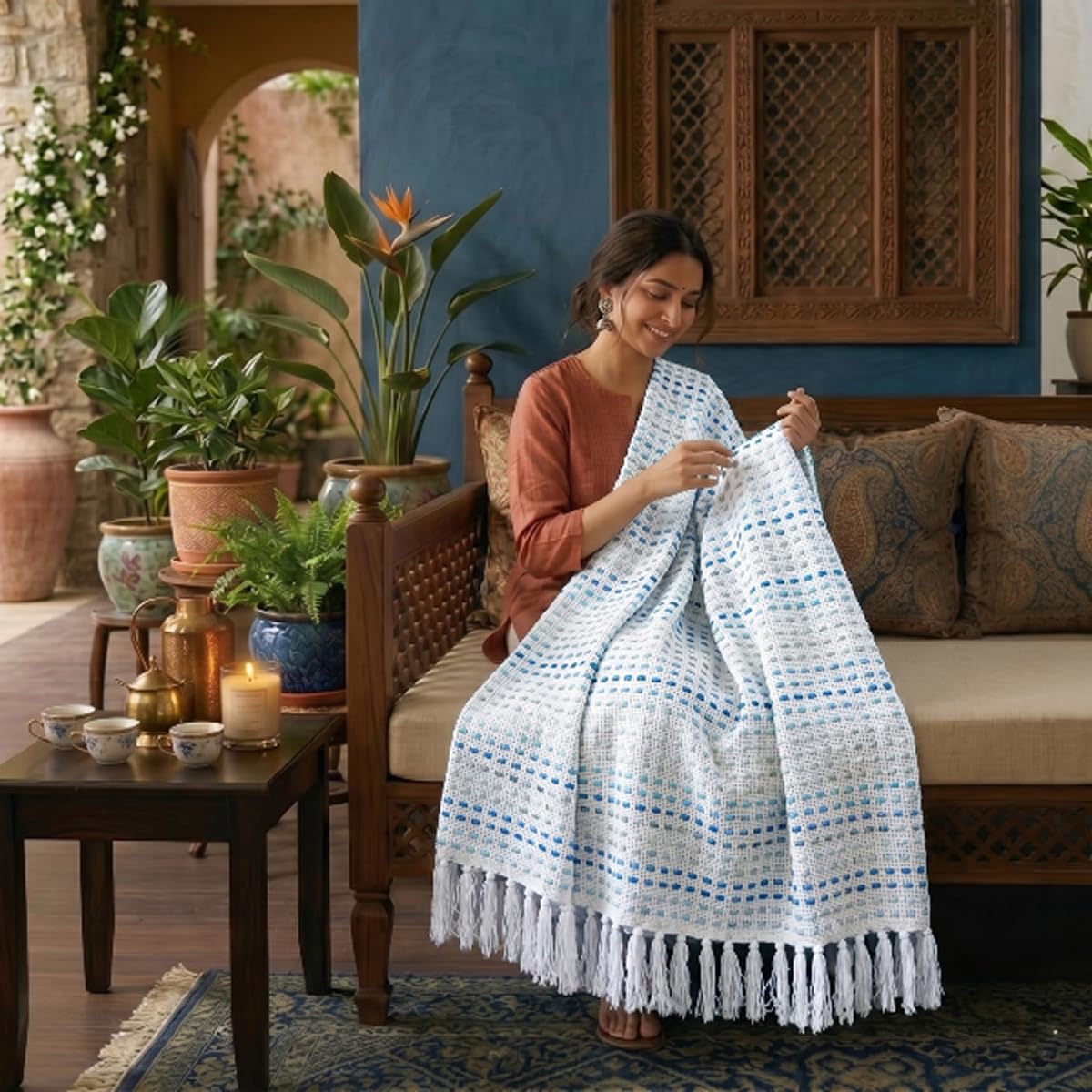 SAJAVAT HOME Hand Knitted Cotton Sofa Throw Blanket | Elegant Neutral All-Season Throw for Sofa, Couch & Bed | Soft Lightweight Knitted Design with Tassels | 80×52 Inches (204×132 cm)